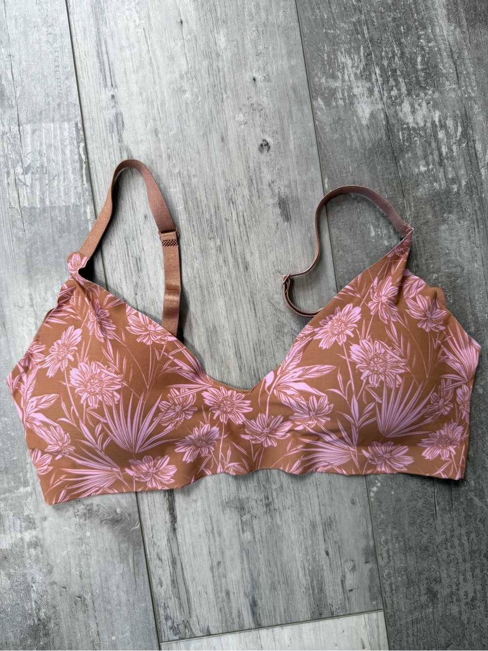 C&C California Floral Wireless Bralette Pink Brown Soft Stretch Bra Size Large